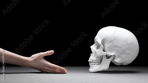 Hand Reaching Towards a Skull on a Gray Surface with Black Background