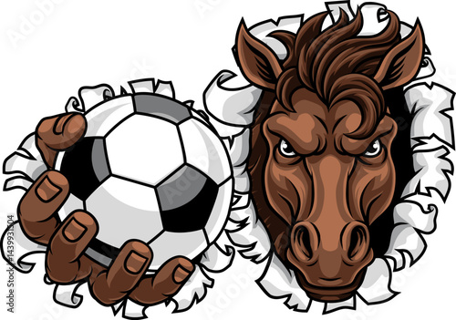 Horse mustang bronco stallion soccer football angry sports team mascot holding a ball.