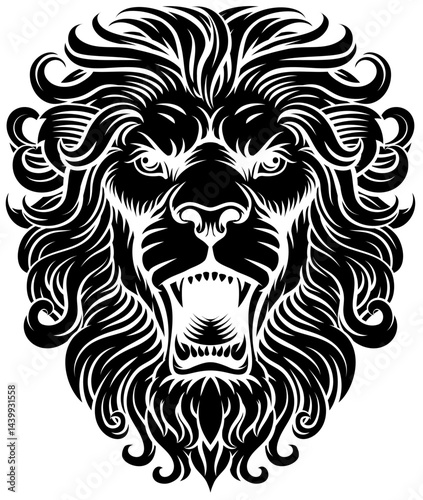 Lion head, an original illustration in a retro woodcut etching vintage style