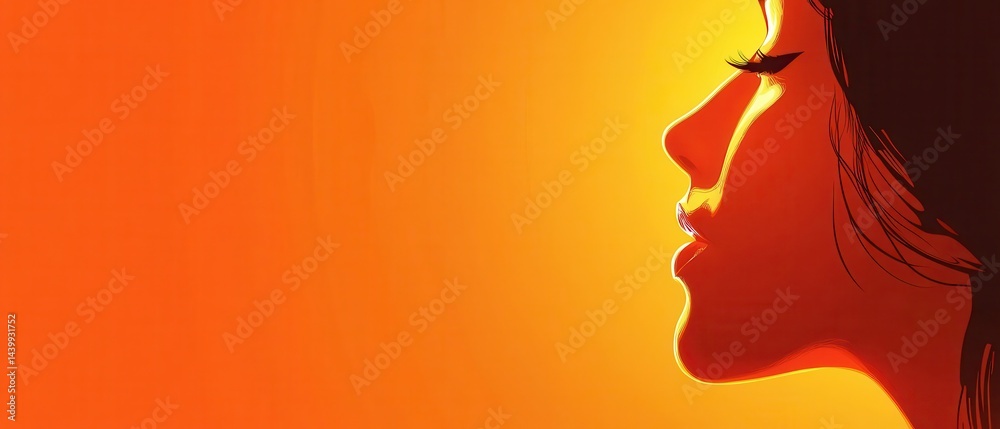Illustration of a serene woman in profile with warm orange tones, showcasing beauty and artistic design with a minimalist aesthetic Illustration of a serene woman in profile with warm orange tones, showcasing beauty and artistic design with a minimalist aesthetic