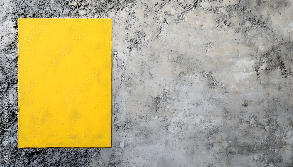 A yellow painted rectangle contrasts against a textured gray wall