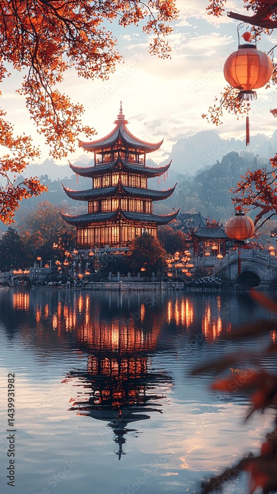 Obraz premium Autumn scenery of ancient tower lake