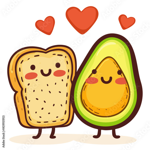 Happy avocado and toast bread in love standing together, doodle cartoon character, kawaii isolated cute clean and simple vector illustration