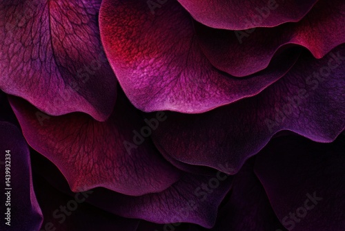 Close-up view of overlapping, deep purple rose petals.