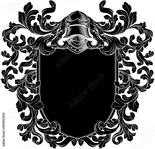 Coat of arms crest knight family medieval shield heraldry heraldic armorial motif. Featuring a knights helm helmet in a vintage etching engraving woodcut style