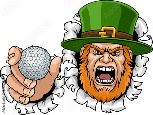 An angry Leprechaun Celtic Irish cartoon character holding Golf ball sports team mascot illustration.