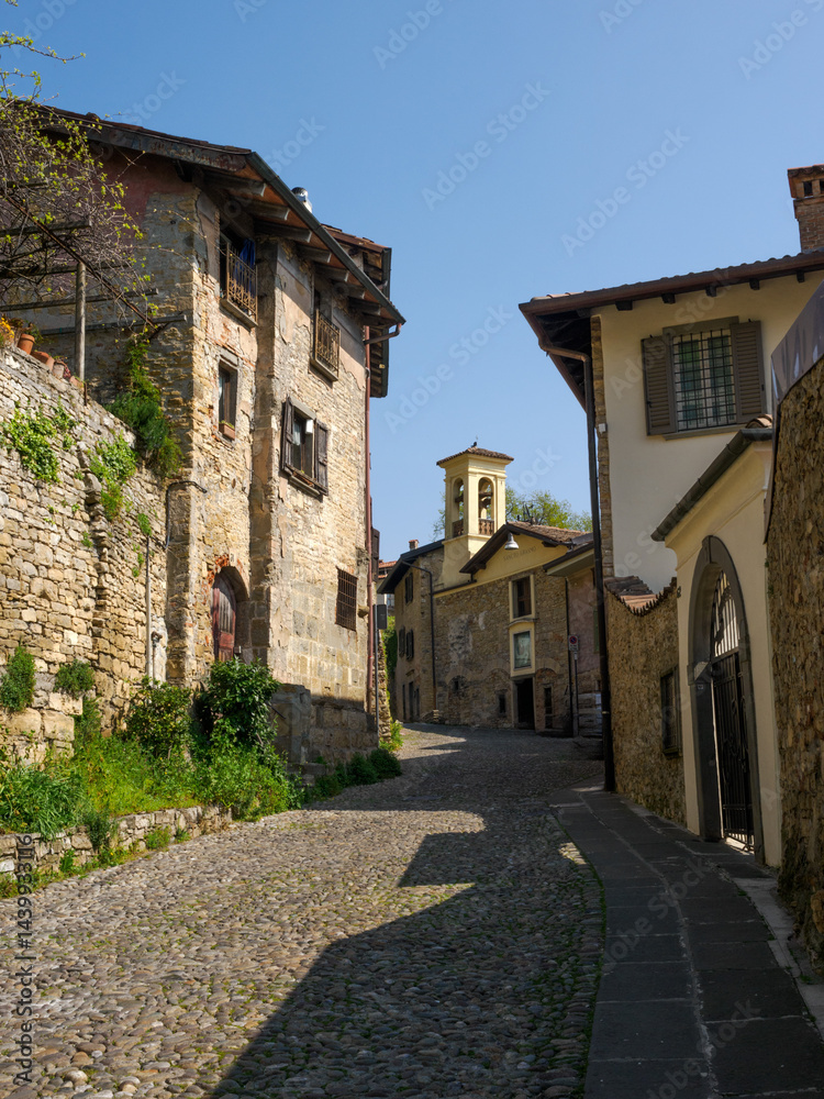 Old buildings along via Borgo Canale at Bergamo, Italy
