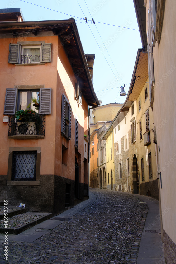 Old buildings along via Borgo Canale at Bergamo, Italy