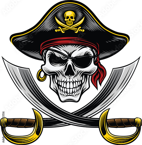 Pirate skull crossbones wearing a tricorn captain hat, eyepatch with crossing sabers or scimitar cutlass pirate swords. In a vintage retro woodcut style.