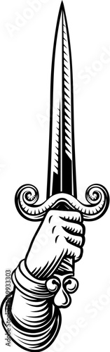 A hand holding a sword or dagger medieval weapon design illustration in a vintage woodcut retro tattoo style