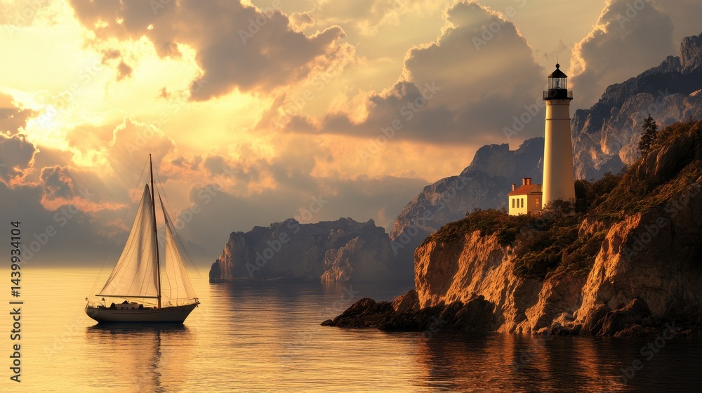 custom made wallpaper toronto digitalCliffside Lighthouse Serenity, a majestic lighthouse perched on a cliff with a soft beige backdrop, evoking tranquility and coastal beauty