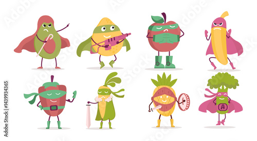 Set of fruit and vegetable with various hero costume 