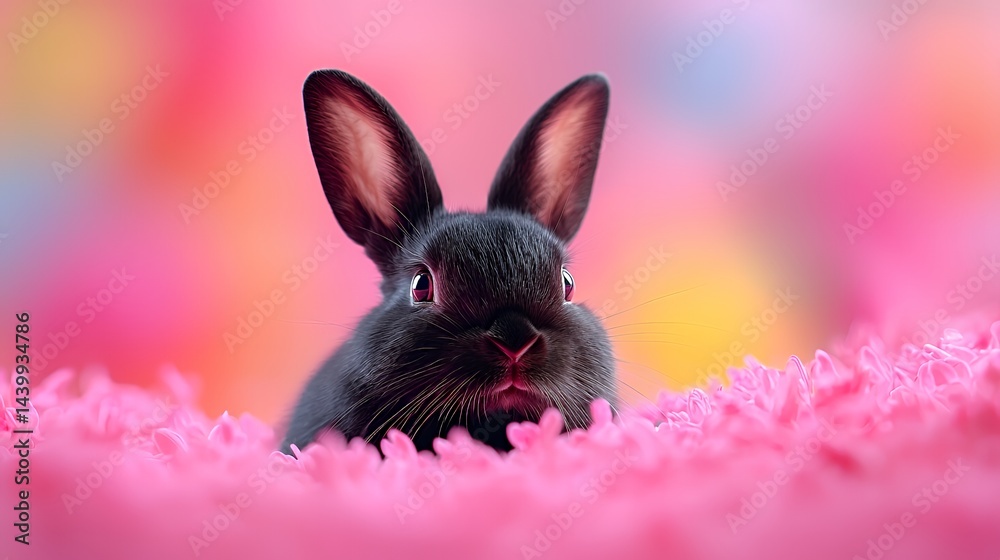 Fototapeta premium Black Bunny Resting in Pink Fluffy Bed with Colorful Background