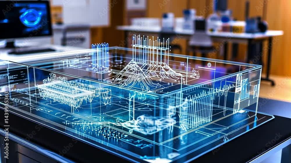 Innovative holographic model showcasing advanced scientific concepts in a modern laboratory Innovative holographic model showcasing advanced scientific concepts in a modern laboratory