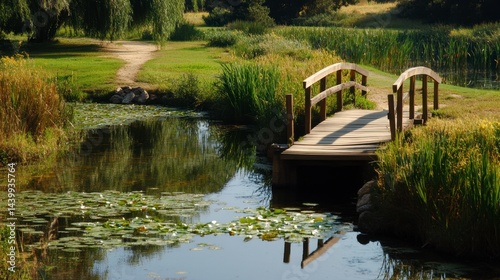 Wallpaper Mural Serene wooden bridge crossing a tranquil pond, soft beige backdrop, image positioned on the right side of the canvas. Torontodigital.ca