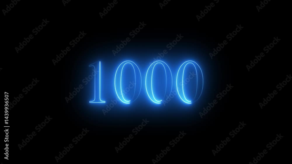 Neon 1000 text icon animation with glowing effect on black background 4K motion video	


