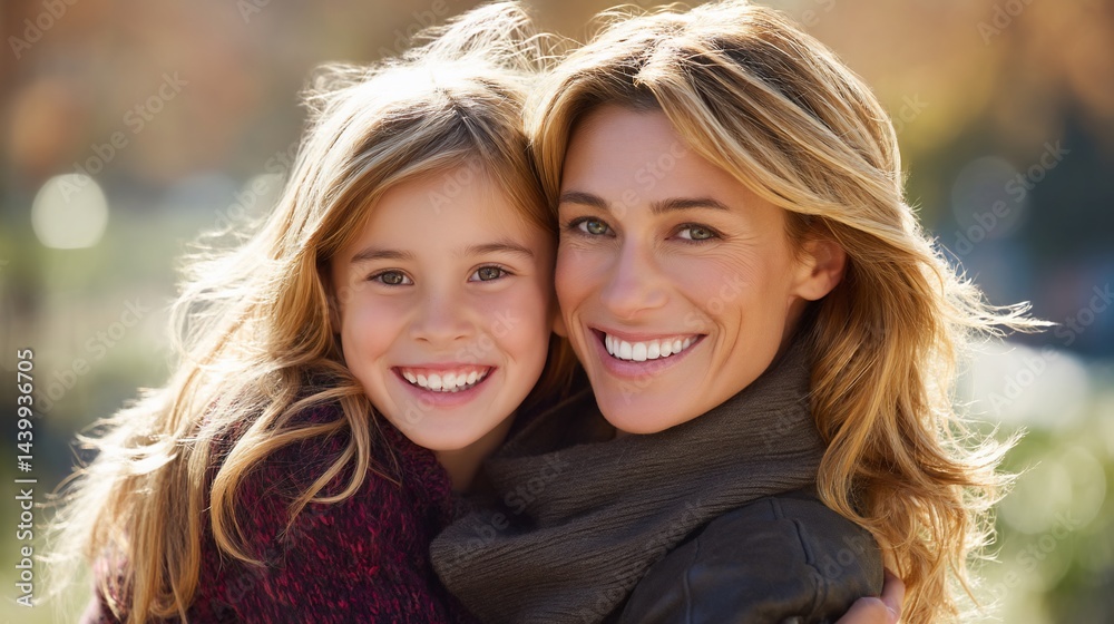 Obraz premium Portrait of a mother and daughter smiling outdoors, warm sunny day, happy family moment, possible use for a family magazine or website