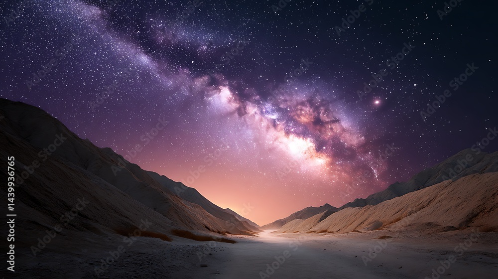 Obraz premium Starry Night Sky Over Desert Landscape with Milky Way and Mountainous Terrain