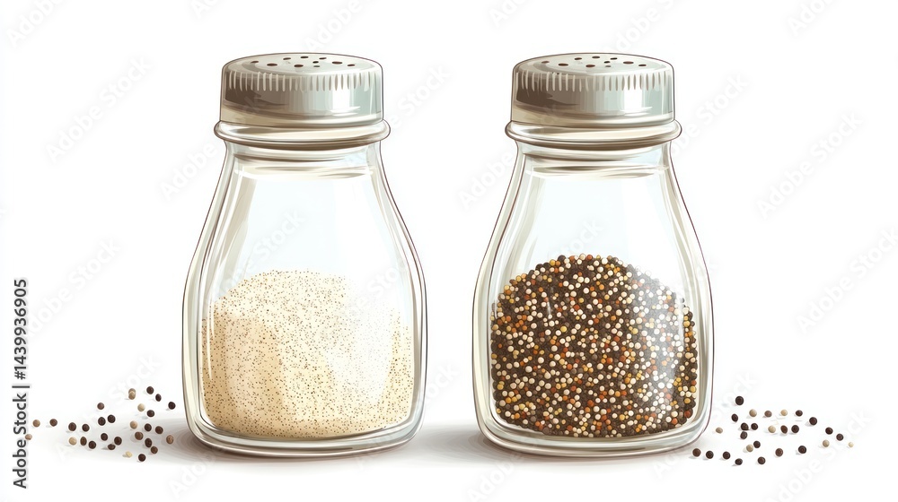 Glass spice jars with salt and pepper Glass spice jars with salt and pepper