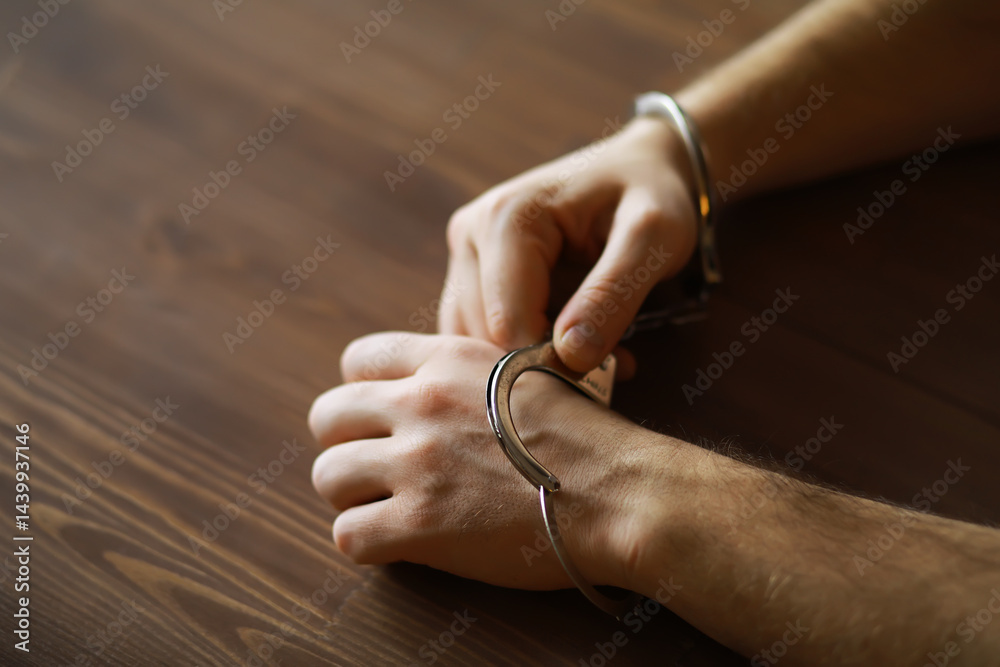 Closeup of Hands in Handcuffs on Wooden Table - Arrest, Detainment, and Justice Symbolism