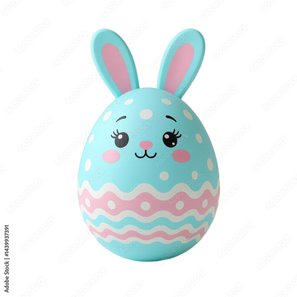 Fototapeta premium a whimsical teal easter egg is decorated with a cute bunny face and pink polka dots and waves.