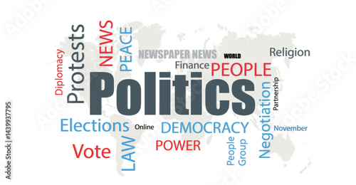 Politics Word Cloud with Keywords like Elections, Democracy, Power, and Protests on World Map Background