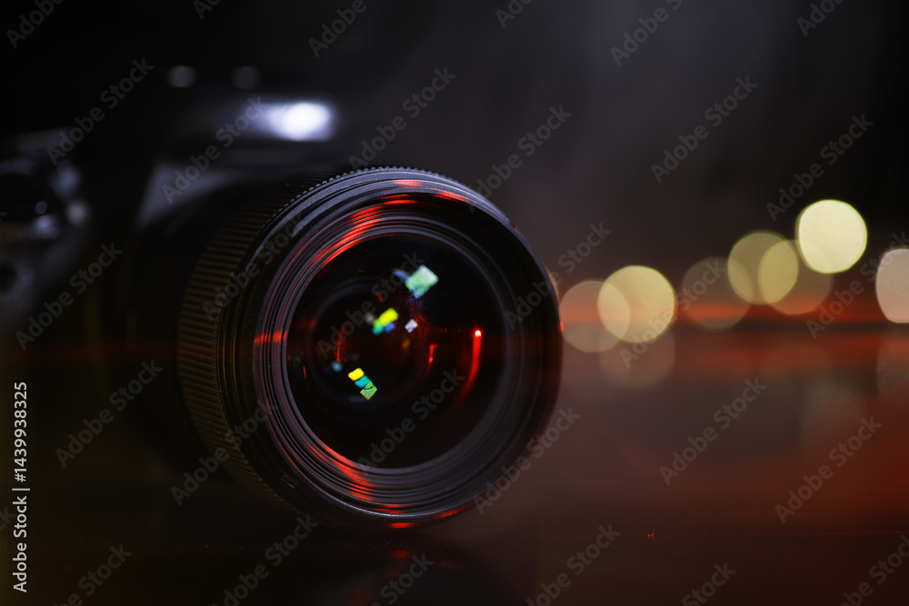 Close-Up of Camera Lens with Bokeh Lights in Background