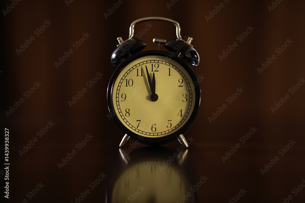 Vintage Analog Alarm Clock Showing Midnight or Noon in Low Light Setting