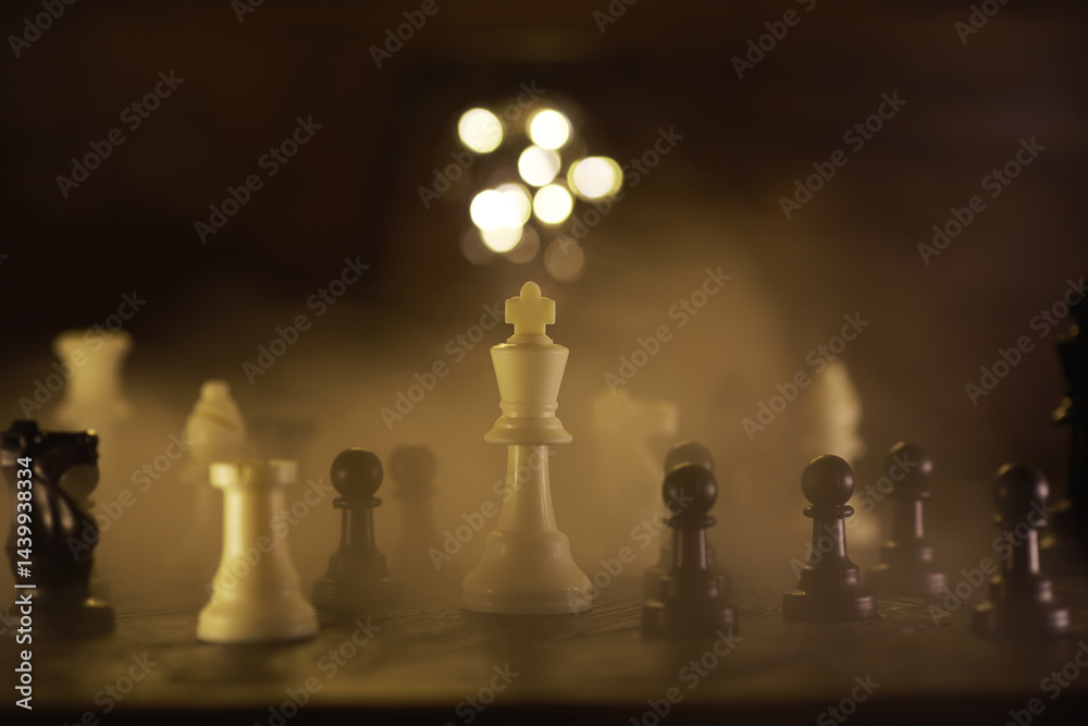 Dramatic Chess Setup with King Highlighted Amidst Strategic Play and Dark Misty Background