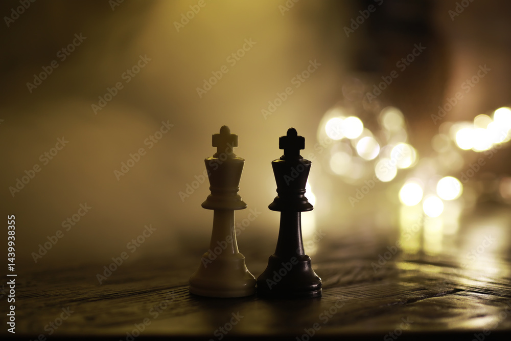 ** Dramatic Chess Scene with White and Black Kings on Wooden Surface with Glowing Lights in the Background