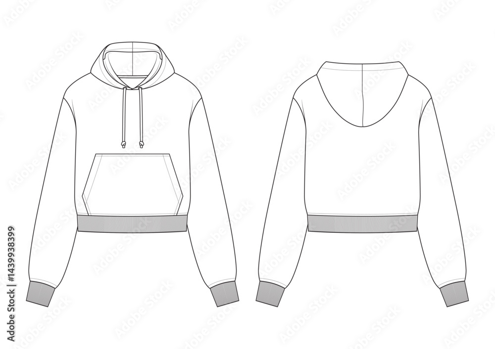 Vector fashion technical drawing of a cropped hoodie sweatshirt with front and back view. Drawstrings detail. Long sleeve. Front pocket. Rib at cuff and bottom area. Knit fabric.