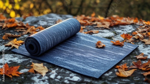 Blue Yoga Mat on Autumn Leaves, Outdoor Fitness