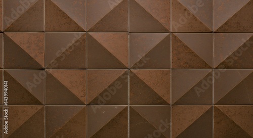 茶色と錆色の三角形に分割された正方形のタイルの繰り返す幾何学模様のタイル壁
