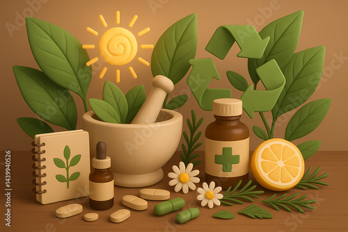 3D Herbal Medicine and Nature Healing Scene for Eco-Health Concepts
