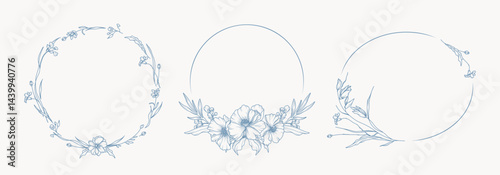 Flower vector wreath set. Hand drawn elegant floral line art. Blue botanical frame of wild and garden flowers, branches, leaves. Vector illustration for wedding invitation, save the date card, logo