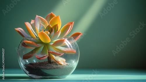 Succulent in Glass Terrarium with Morning Dewdrops, Amber Light, Minimal Sage Green Background, Modern Natural Style Plant Decor photo
