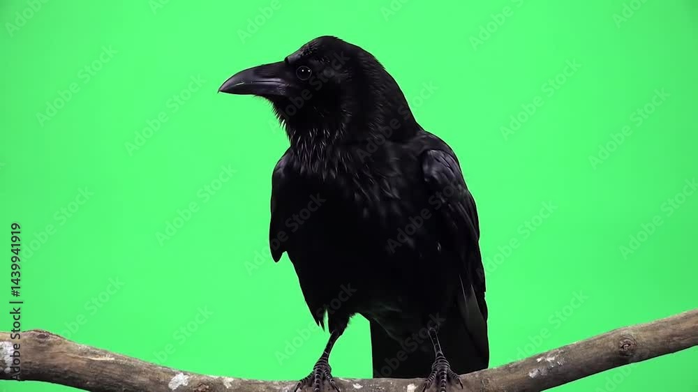 Native Crow on Green Screen. Realistic Crow Movements for Editing. Chroma Key Crow Pecking and Flying.