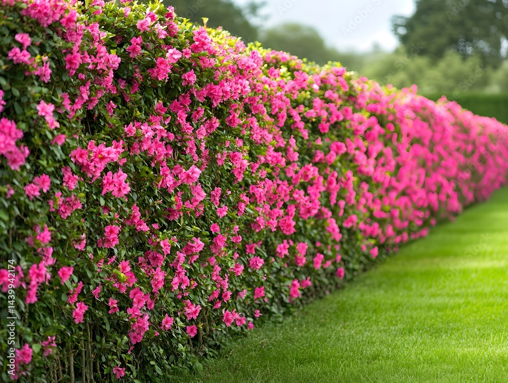 Obraz premium Vibrant Pink Flowers Blooming in Lush Green Garden Hedge - Perfect for Spring and Summer Landscaping