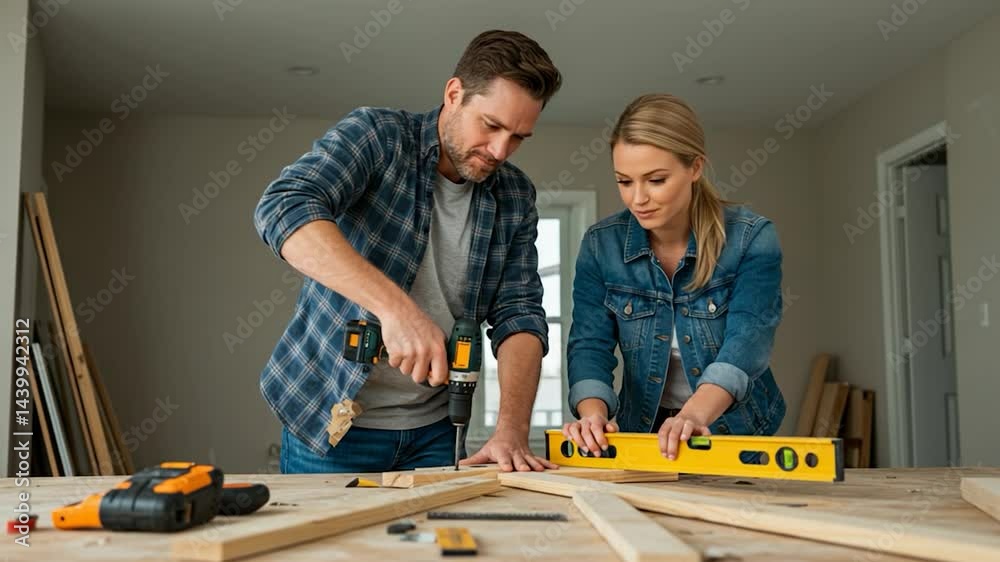 A couple working on a DIY home project, using a drill and spirit level on wooden boards.