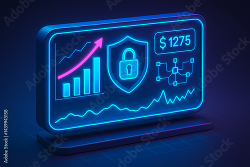 3D Cyber-Secure Data Panel Showing Financial Growth and Investment Trends
