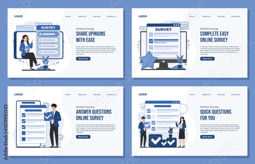 Landing page template Collection of online survey illustrations showing mobile feedback user review rating concepts designed for customer experience improvement data collection analysis needs