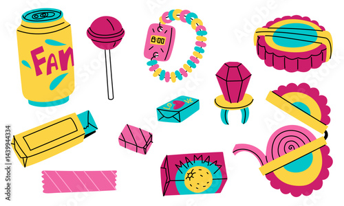 set of various chewing gums, candies, dragees, carbonated drink. Sweet food for teenagers. variety of food. Bright flat color illustration in form of doodles. Highlighted on white. 90s, 2000s