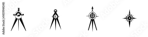 Vector illustration of various compasses and tools used for drawing and navigation in black and white design