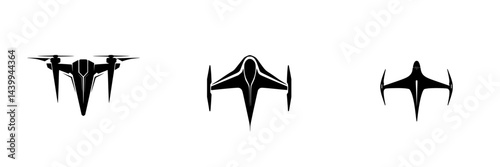 Vector illustration of three distinct drone designs in black and white style showcasing aerial technology and innovation