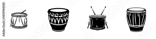 Vector illustration of various drum types in black and white styles for music enthusiasts and designers alike