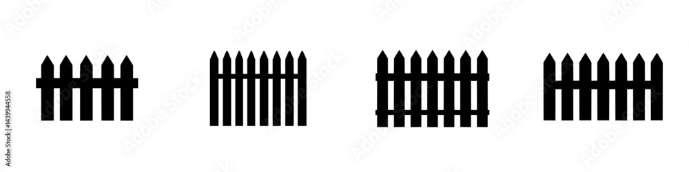 Various designs of black and white vector illustration icons of a fence for outdoor landscaping projects Various designs of black and white vector illustration icons of a fence for outdoor landscaping projects