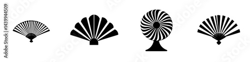 Variety of decorative fans in black and white vector illustration showcasing different designs and shapes