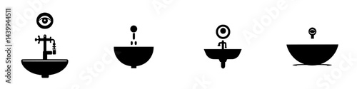 Vector illustration of various sink designs featuring unique faucet styles and eye motifs in black and white