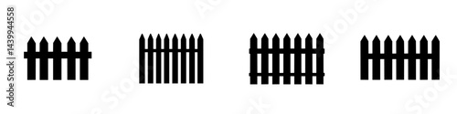 Various designs of black and white vector illustration icons of a fence for outdoor landscaping projects