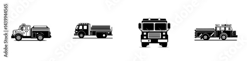 Fire truck vector illustration icons in black and white showcasing various designs, styles, and perspectives